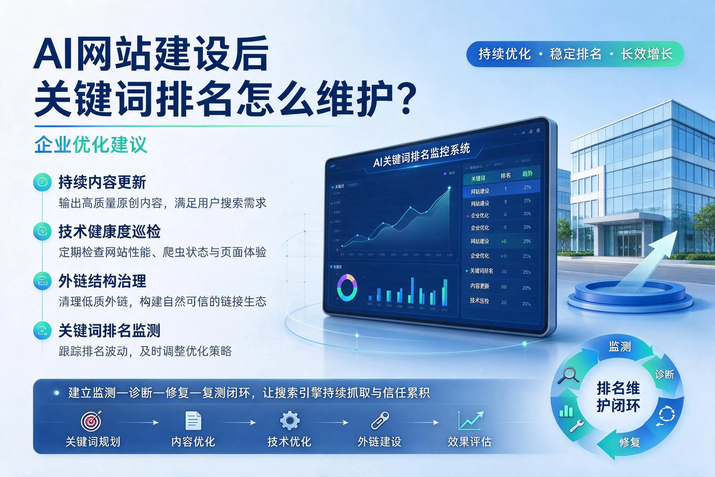 AI网站建设后关键词排名怎么维护?嘉峪关企业优化建议